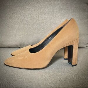 Battaglia Made in Italy Camel Suede Block Heel Pumps Size 39.5 US 8.5 Designer